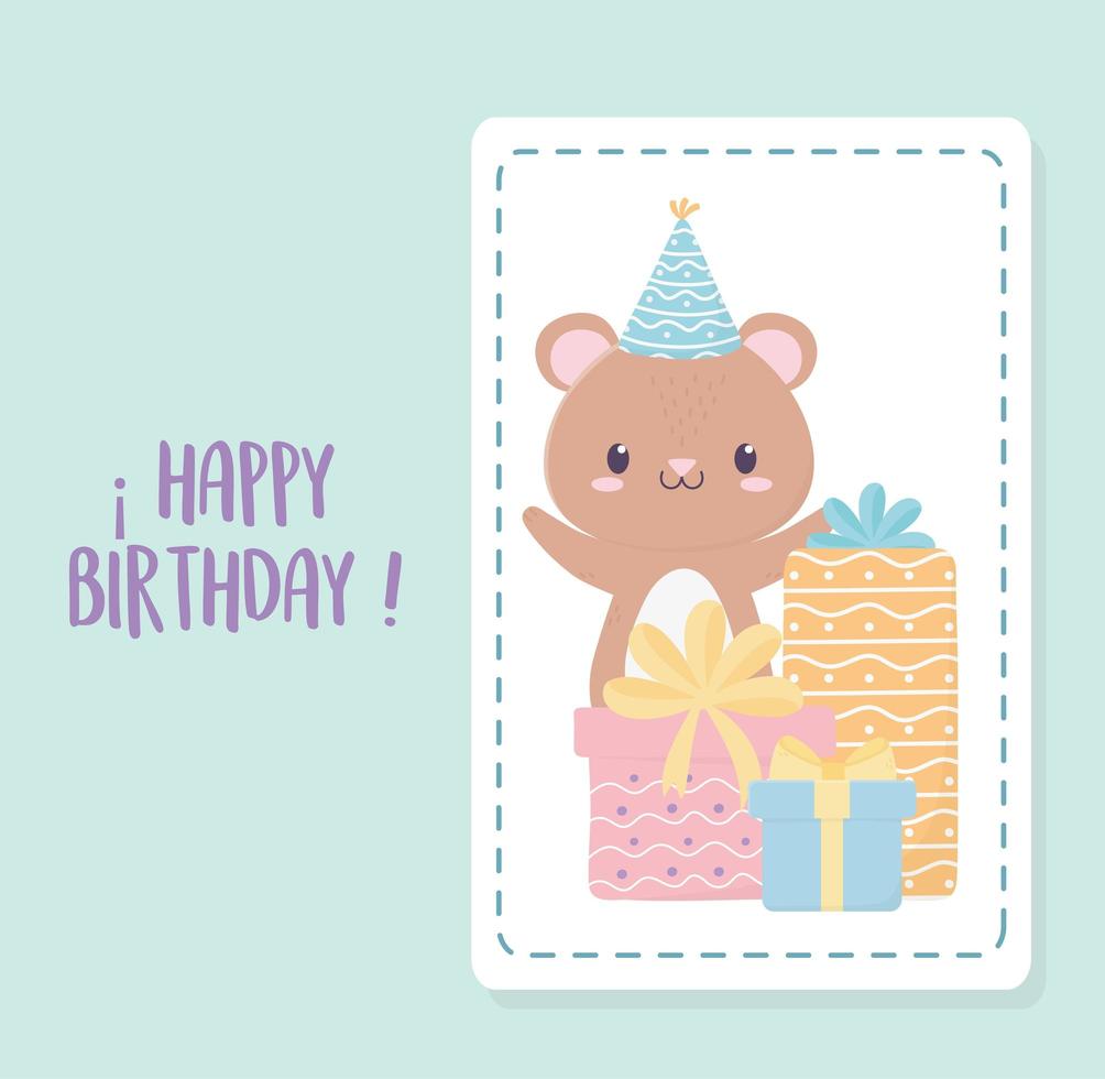 joyeux anniversaire petit ours chapeau de fête et coffrets cadeaux carte de décoration de célébration vecteur