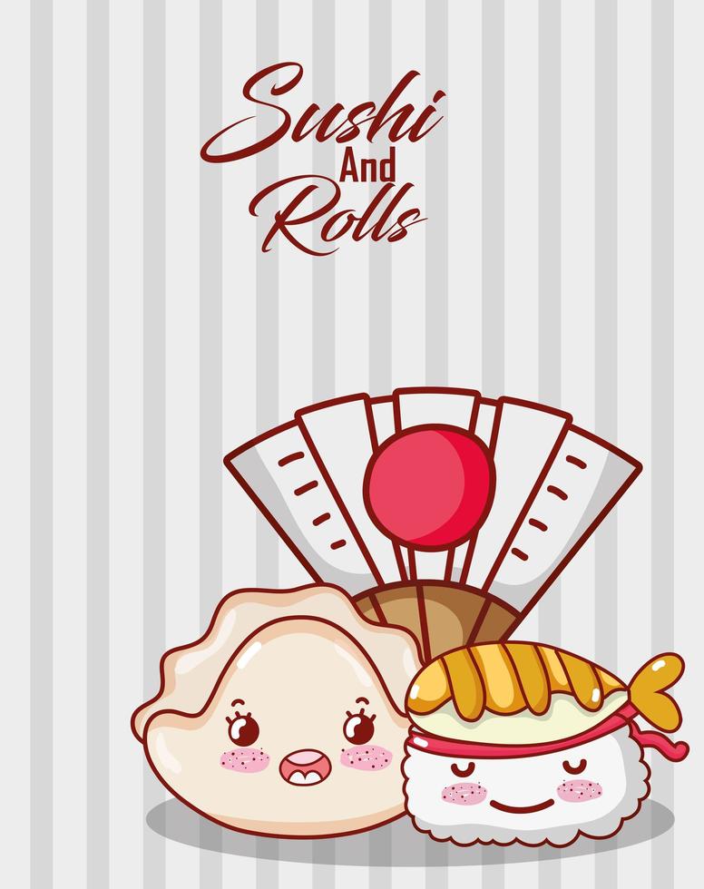 kawaii sushi poisson tempura et fan food dessin animé japonais, sushi et rouleaux vecteur