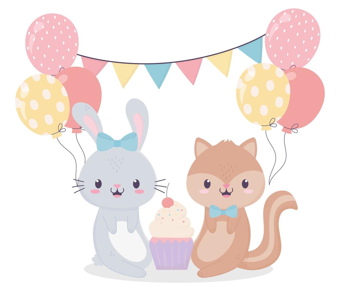 joyeux anniversaire lapin écureuil cupcake ballons célébration décoration carte vecteur