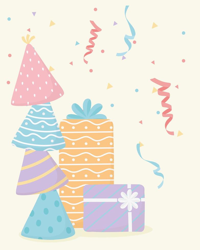 joyeux anniversaire fête chapeaux cadeaux célébration décoration carte vecteur