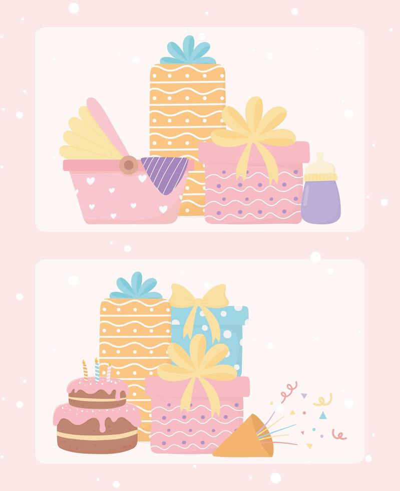 joyeux anniversaire et baby shower cadeaux gâteau confettis célébration décoration carte vecteur