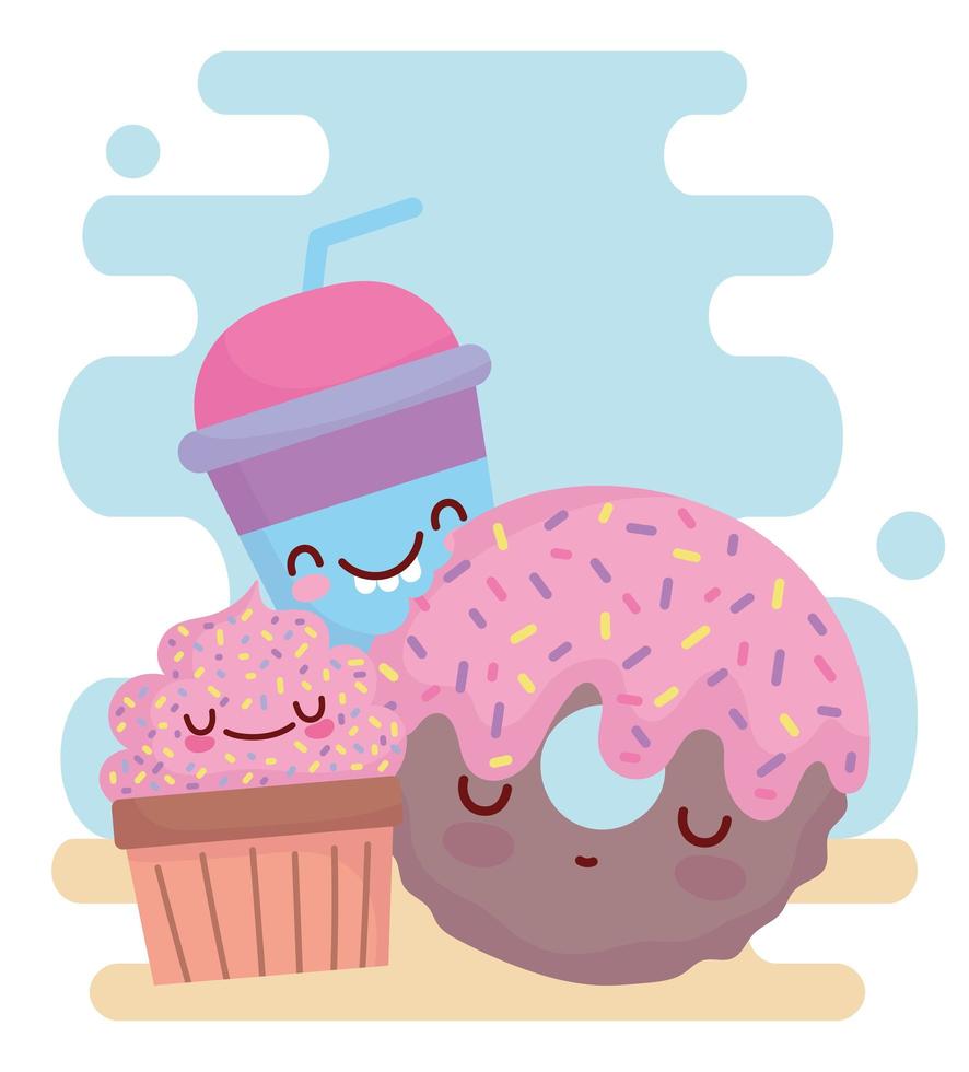 beignet cupcake et cup menu personnage cartoon food mignon vecteur