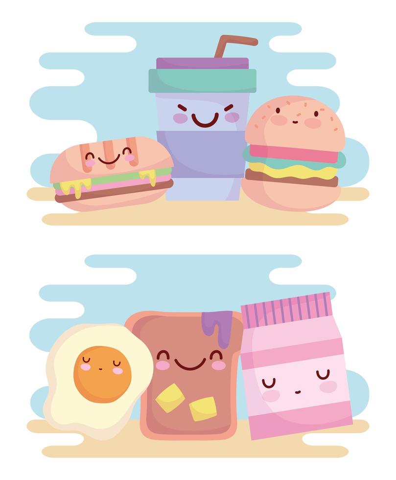 burger sandwich oeuf pain menu personnage dessin animé nourriture mignon vecteur