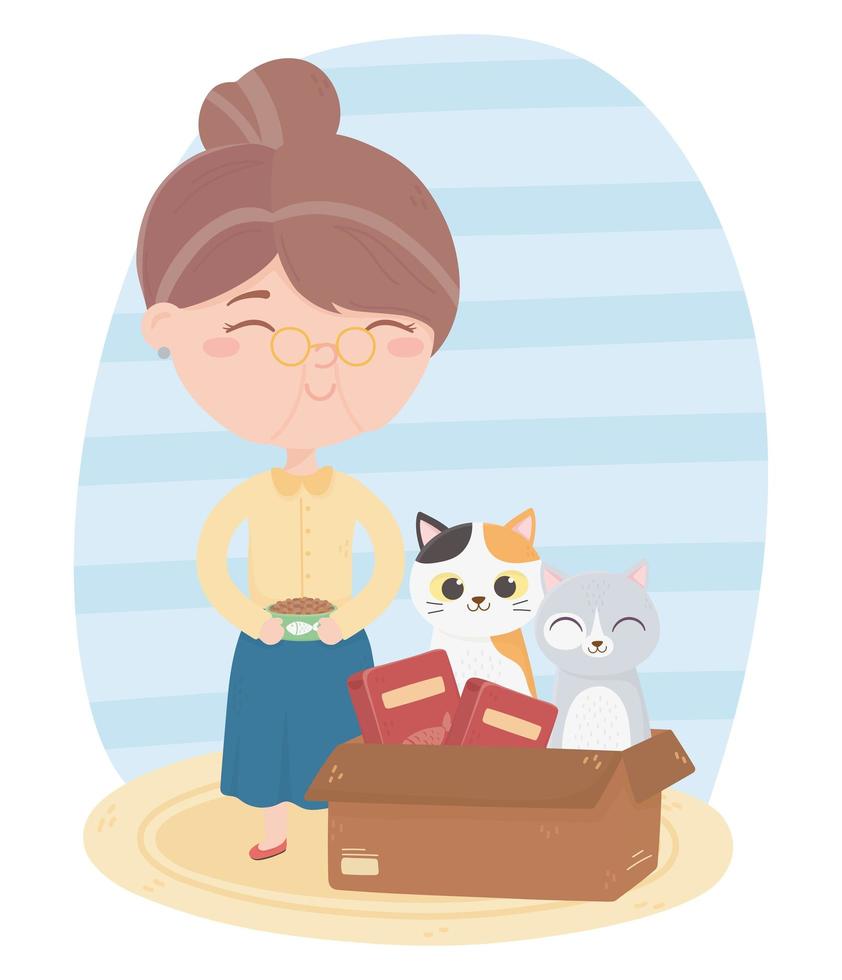 les chats me rendent heureux, vieille femme avec de la nourriture et un chat en dessin animé de boîte vecteur