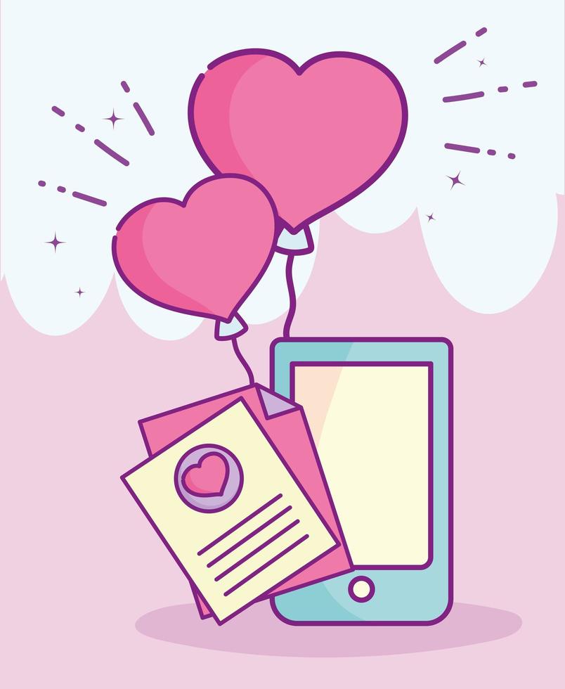joyeuse saint valentin, message smartphone lettre ballons coeur amour vecteur