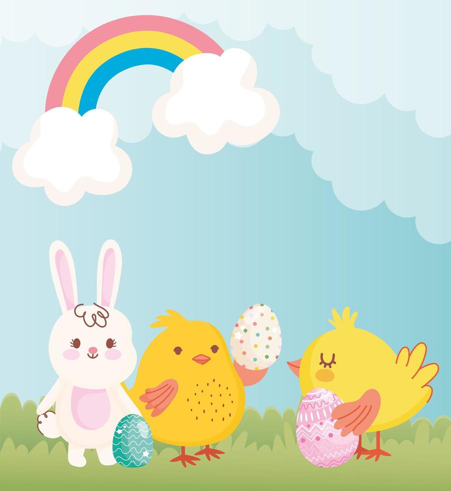 joyeuses pâques poulets mignons de lapin avec des oeufs décoration de nuages arc-en-ciel vecteur