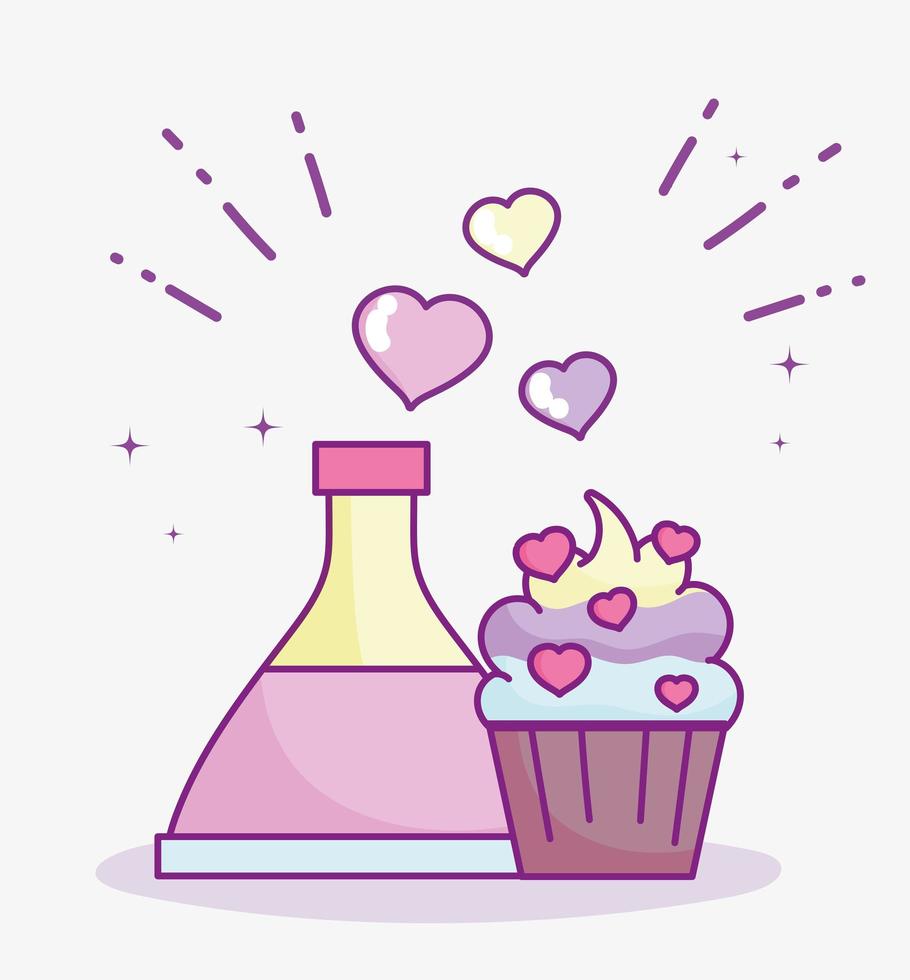 bonne saint valentin, petit gâteau de bouteille de potion avec amour de coeurs vecteur