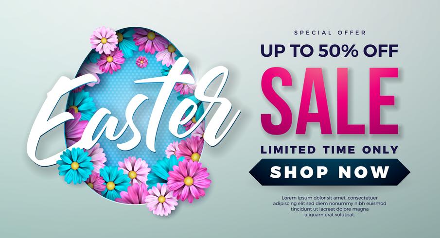 Illustration de vente de Pâques avec fleur de printemps et élément de typographie sur fond gris. vecteur