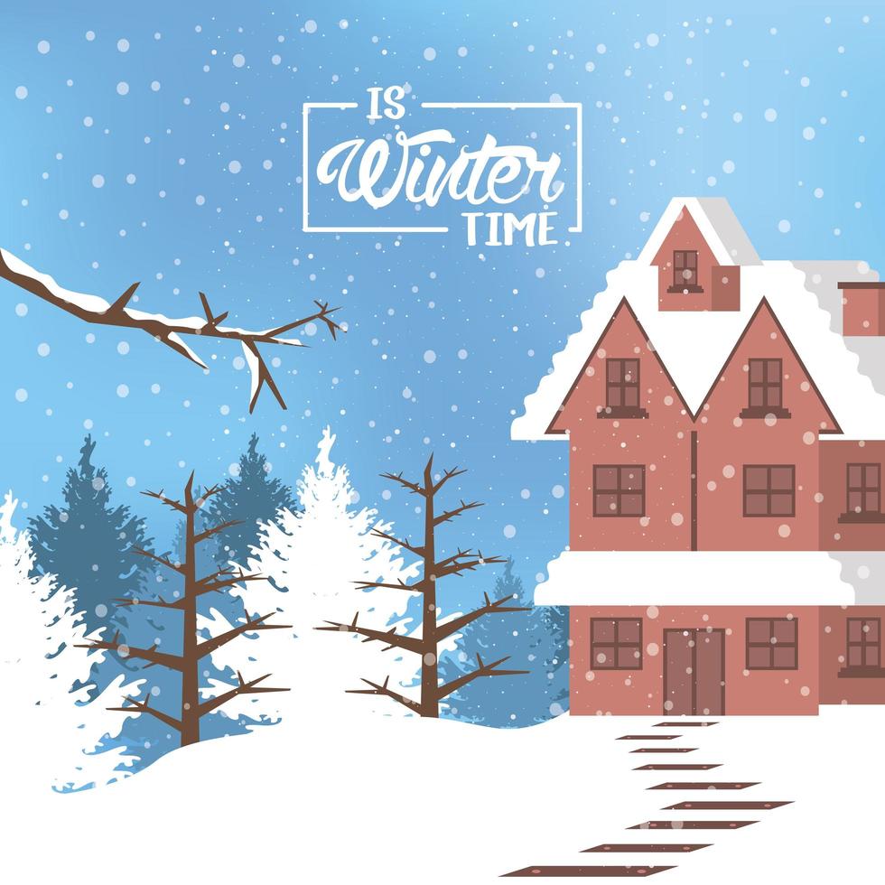 affiche d'hiver avec scène de forêt et construction de maisons vecteur