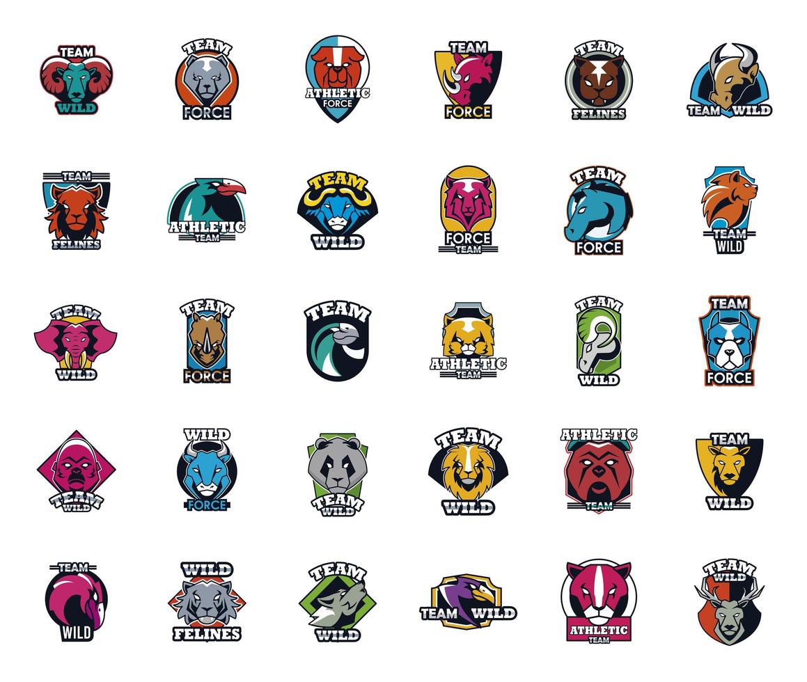 paquet de trente icônes d'emblèmes d'animaux vecteur