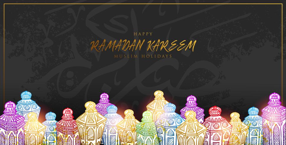 Illustration vectorielle Croquis de la lanterne Ramadan Kareem dessiné à la main en couleur dégradé coloré avec fond grunge vecteur