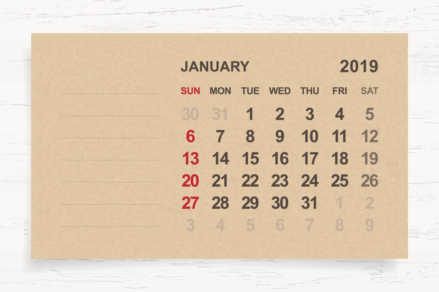 janvier 2019 - calendrier mensuel sur papier brun et fond de bois avec zone pour la note. vecteur. vecteur