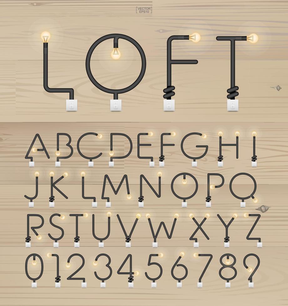 ensemble de lettres et de chiffres de l'alphabet. alphabet abstrait d'ampoule et d'interrupteur sur fond de bois. vecteur. vecteur