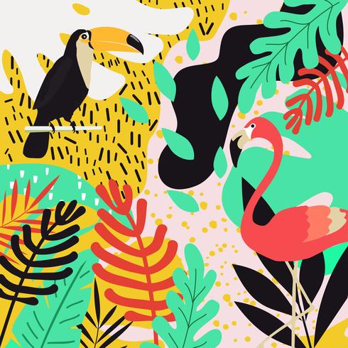 Jungle tropicale feuilles fond avec flamants roses et toucans vecteur