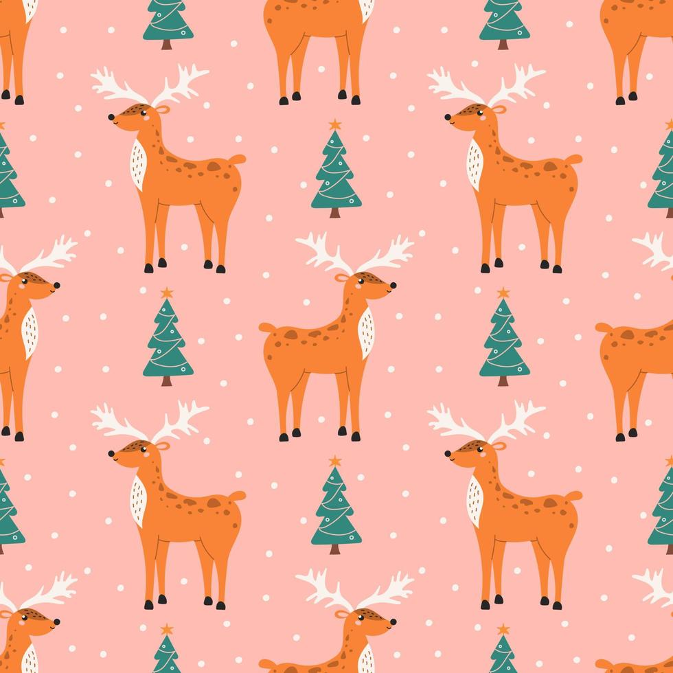 Cerf mignon avec des arbres de Noël et des flocons de neige sur fond rose, modèle sans couture de vecteur dans un style plat