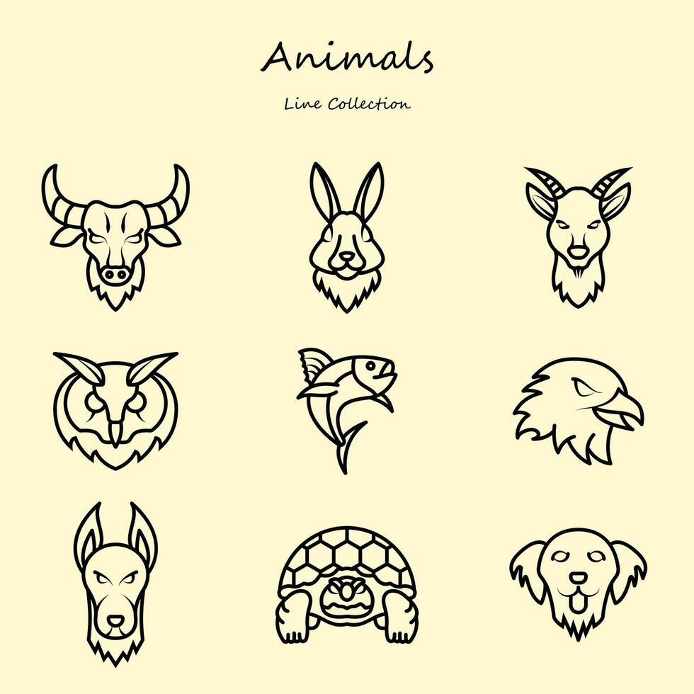 animaux modifiable Icônes ensemble ligne style. avec divers formes. aigle, hibou, taureau, tortue, chien. contour collection vecteur