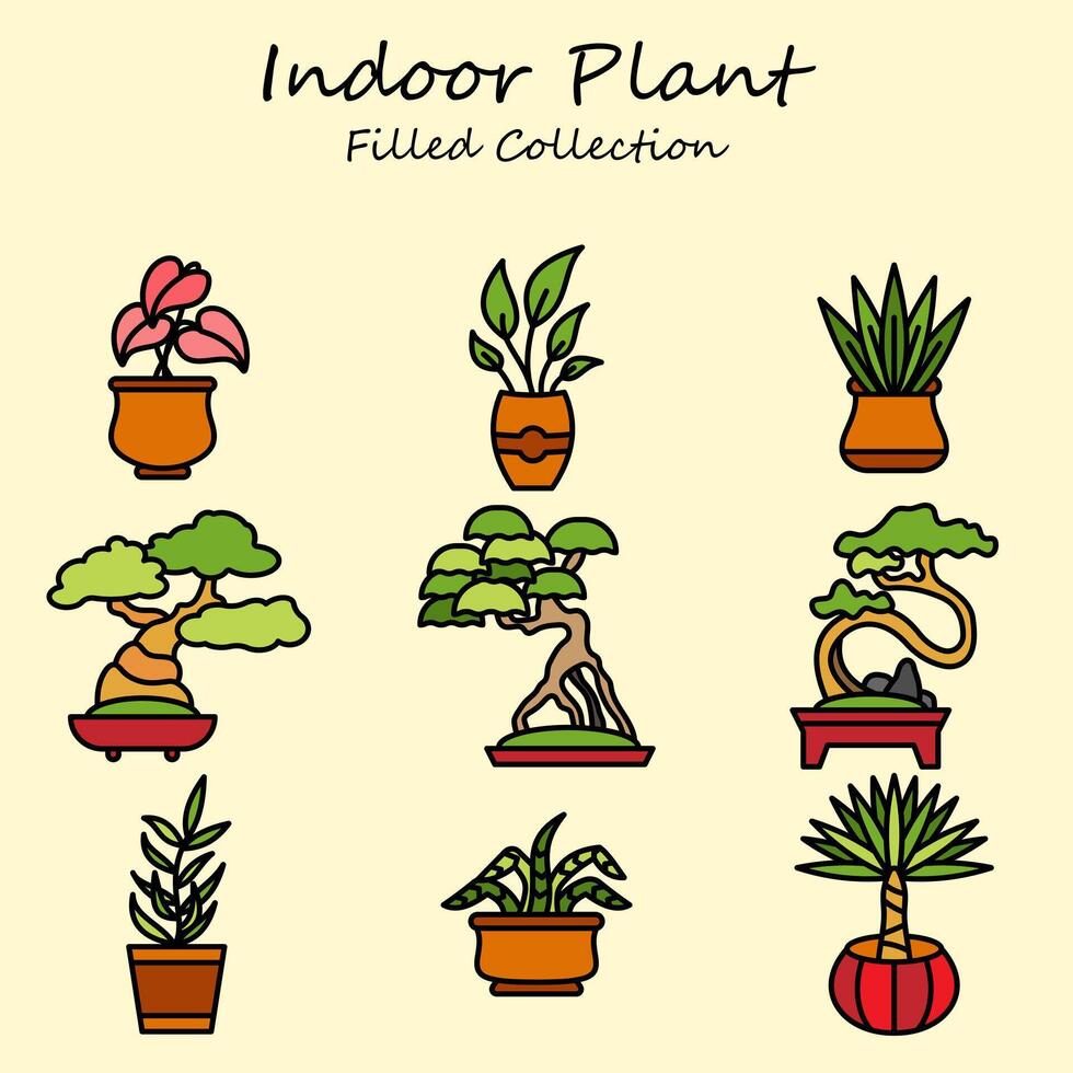 intérieur plante modifiable Icônes ensemble rempli ligne style. usine, bonsaï, fleur, feuille, intérieur, maison. rempli collection vecteur