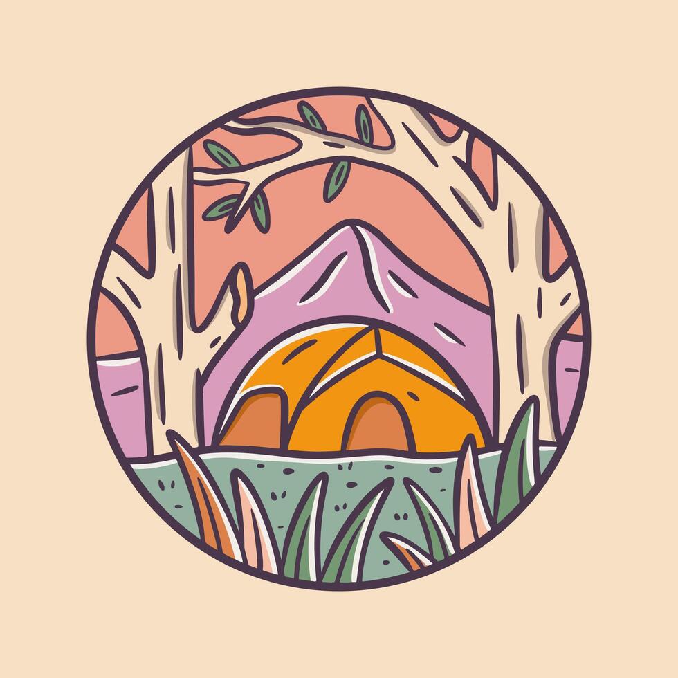 vecteur illustration de camping dans une forêt avec une grand arbre et ombragé herbe visible