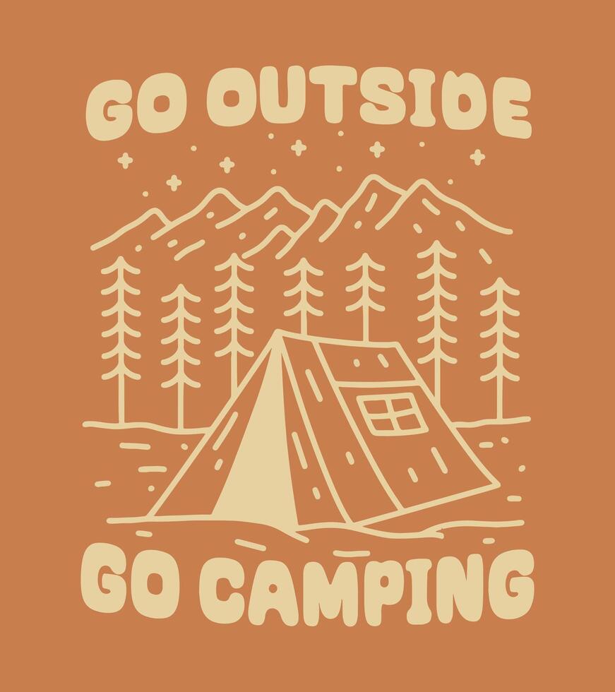 quatre élément de camping sont montagne, forêt, feu et tente, conception pour badge, t chemise, autocollant vecteur illustration