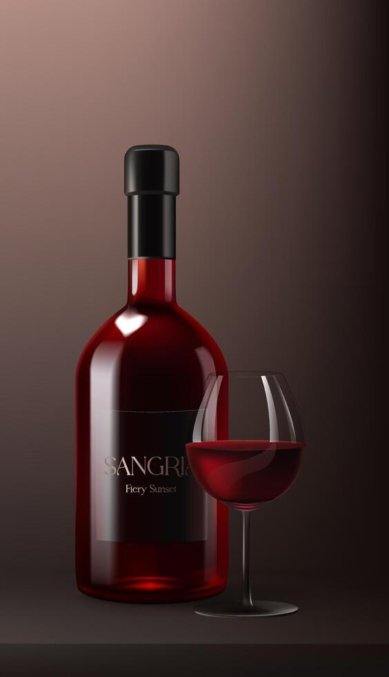 une réaliste 3d du vin bouteille de Sangria, maquette avec une verre de du vin. cette fruité cocktail Caractéristiques rouge fluide, sur lisse arrière-plan, parfait pour célébrations et des soirées. ne pas ai. vecteur