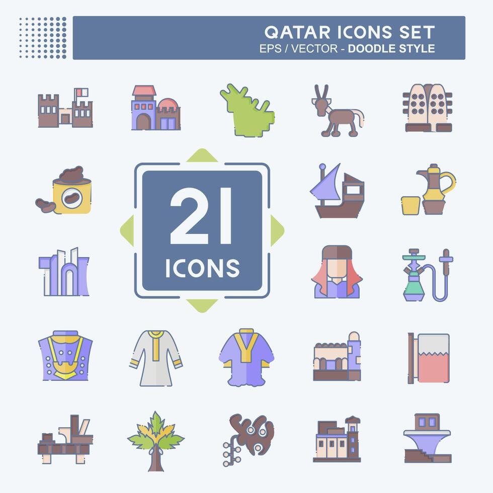 icône ensemble Qatar. en relation à vacances symbole. griffonnage style. Facile conception illustration. vecteur