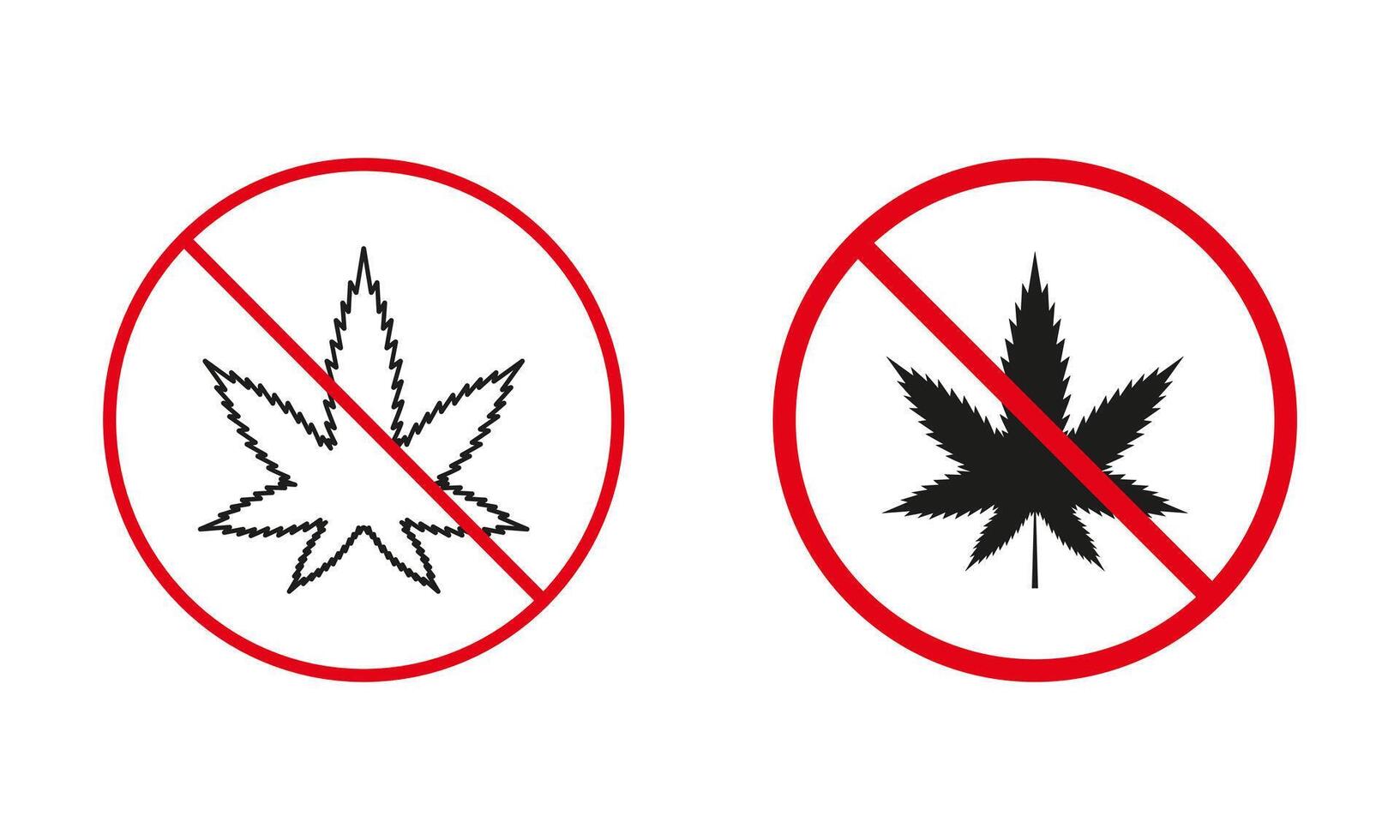 non marijuana permis avertissement signe ensemble. fumeur interdit, cannabis interdire ligne et silhouette Icônes. herbe, chanvre, thc dans rouge cercle symbole. isolé vecteur illustration