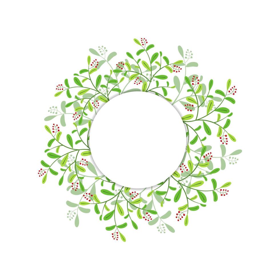 vecteur printemps carte. Cadre de coloré baies, branches et feuilles autour une blanc cercle. salutation carte.