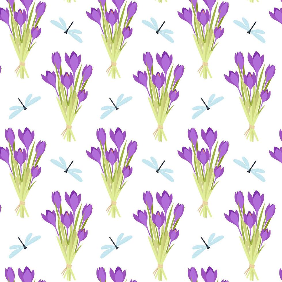 sans couture modèle avec une bouquet de crocus et une libellule. printemps modèle sur une transparent Contexte. modèle dans plat style pour textile, papier ou emballage. vecteur