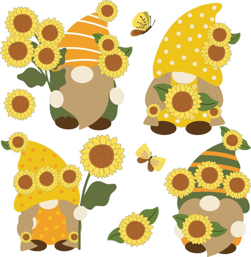 mignonne tournesols gnomes collection main tiré éléments vecteur illustration pour décorer invitation salutation anniversaire fête fête mariage carte affiche bannière textile fond d'écran papier emballage