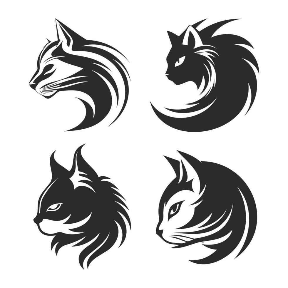 ensemble de chat tête logo dessins noir vecteur avec côté vue