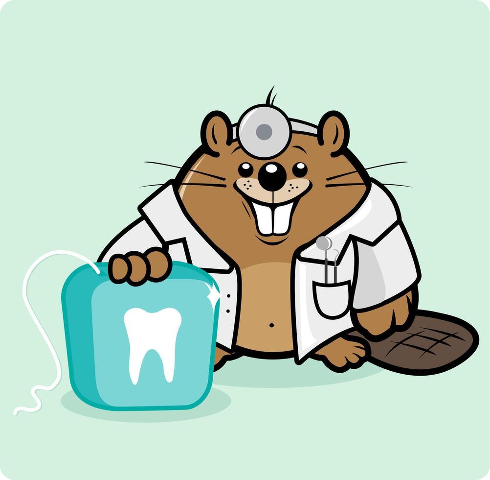 dessin animé castor dentiste avec nettoyer les dents en portant une dentaire soie. castor dentiste médecin. vecteur illustration