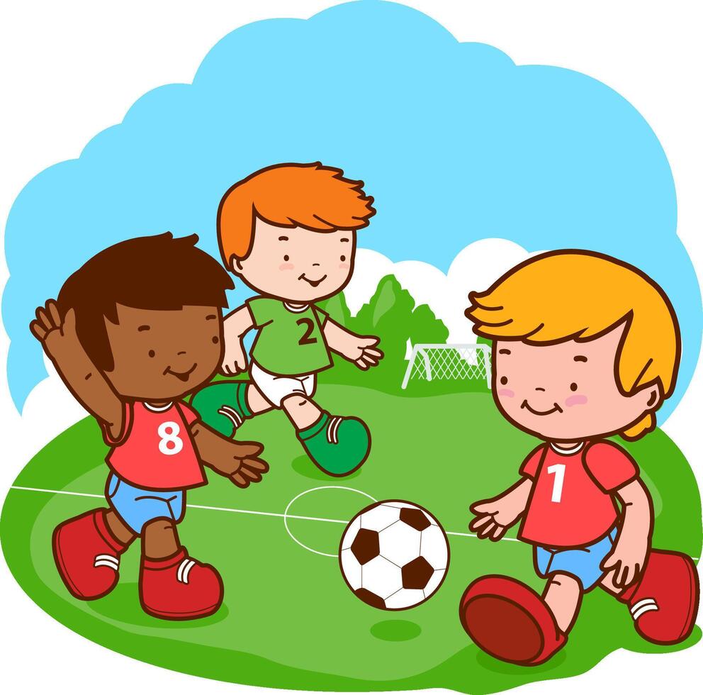 les enfants en jouant football. des gamins Football les athlètes jouer en plein air jeu. vecteur illustration