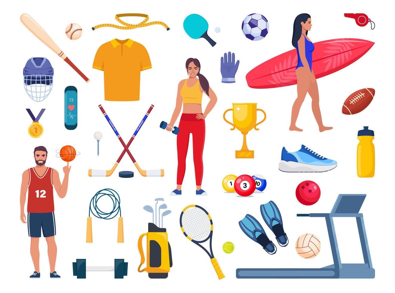 sport équipement et des sportifs ensemble. divers gentil de sport activité. force entraînement, vélo, yoga, basket-ball, plongée, surfant. vecteur illustration.