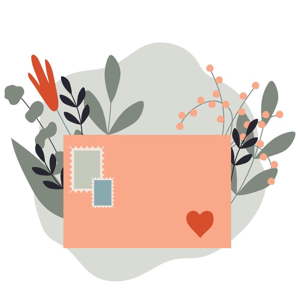 lettre avec fleurs et cœur. plat illustration. valentines journée carte conception. mignonne carte postale pour mère. vecteur