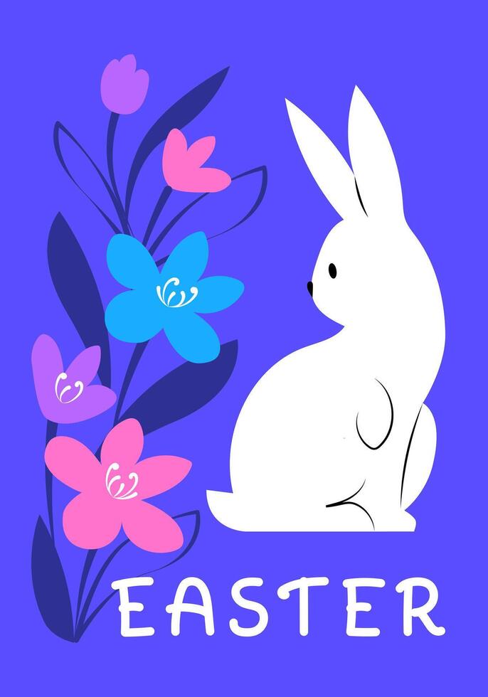 content Pâques affiche avec blanc lapin et fleurs sur bleu Contexte. moderne minimaliste conception modèle vecteur