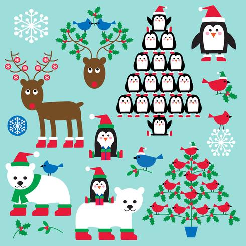 clipart animaux et arbres de noël vecteur