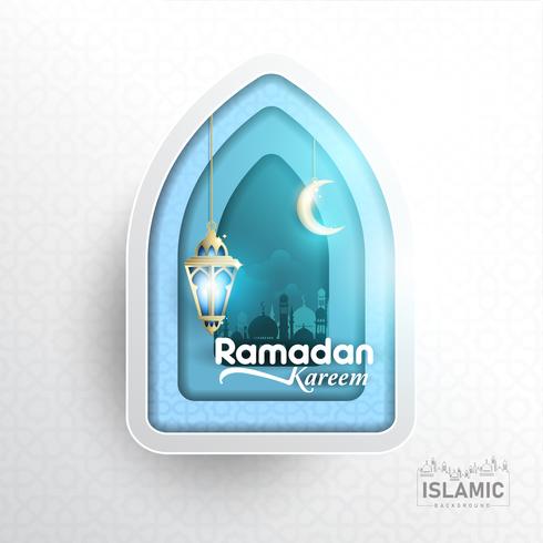 Art de papier de fond de Ramadan Kareem ou papier coupé le style avec la lanterne de Fanoos, le croissant de lune et le fond de mosquée. Pour les bannières Web, cartes de vœux et modèles de promotion dans Ramadan Holidays 2019. vecteur