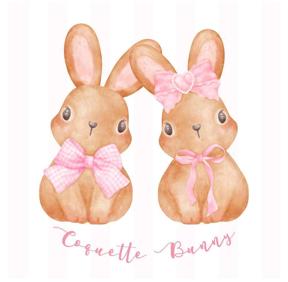 coquette lapin, deux adorable marron lapin dans cœur Cadre avec rose ruban arc aquarelle esthétique La peinture vecteur
