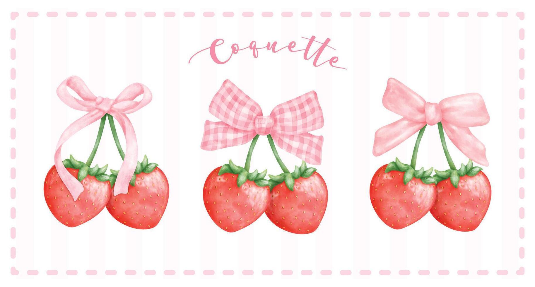 groupe de coquette des fraises avec rose ruban arc bannière, esthétique aquarelle main dessin vecteur