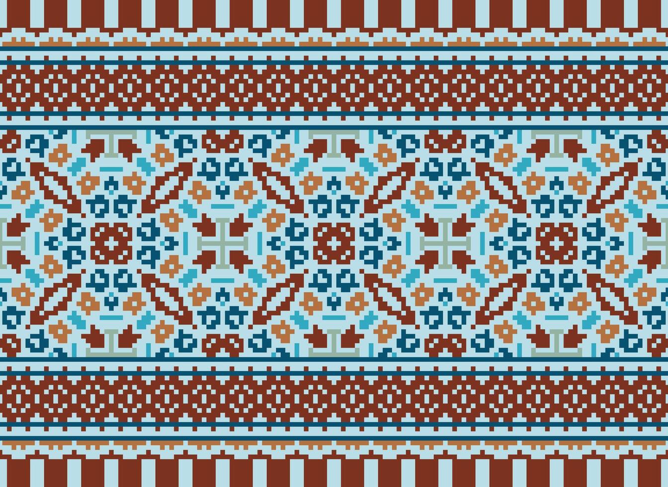 pixel ethnique géométrique en tissu modèle traverser point.ikat broderie ethnique Oriental pixel modèle bleu Contexte. abstrait, vecteur, illustration. texture, vêtements, cadre, décoration, motifs, soie fond d'écran. vecteur