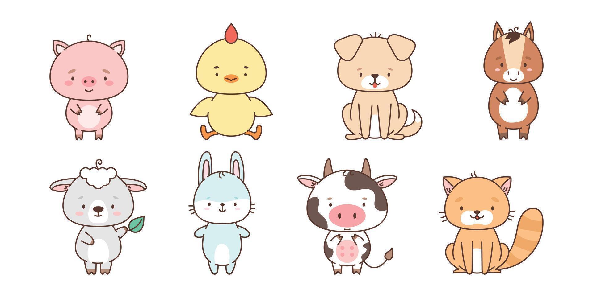 ensemble de mignonne ferme animaux poulet chien lapin chat mouton porcin cheval vache. mignonne animaux dans kawaii style. dessins pour les enfants. vecteur illustration