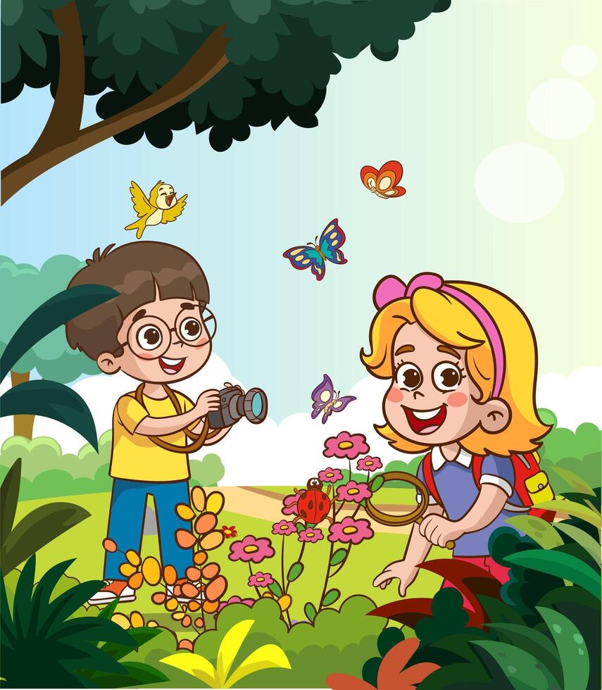 mignonne garçon et fille explorant insectes dans la nature dessin animé vecteur illustration