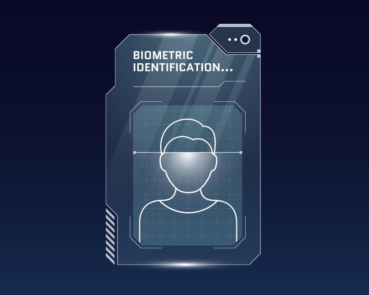 hud la personne biométrique analyse et identification système concept. utilisateur reconnaissance vérification scanner et Humain identité numérique Sécurité panneau. id autorisation tableau de bord interface gui fui eps conception vecteur