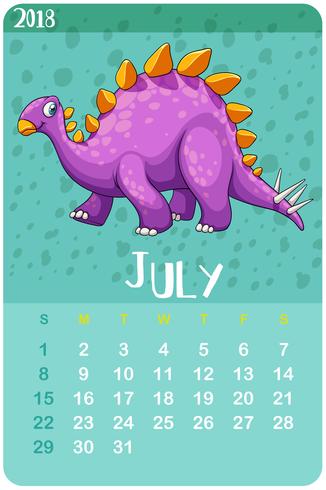 Modèle de calendrier pour juillet avec stegosaurus vecteur