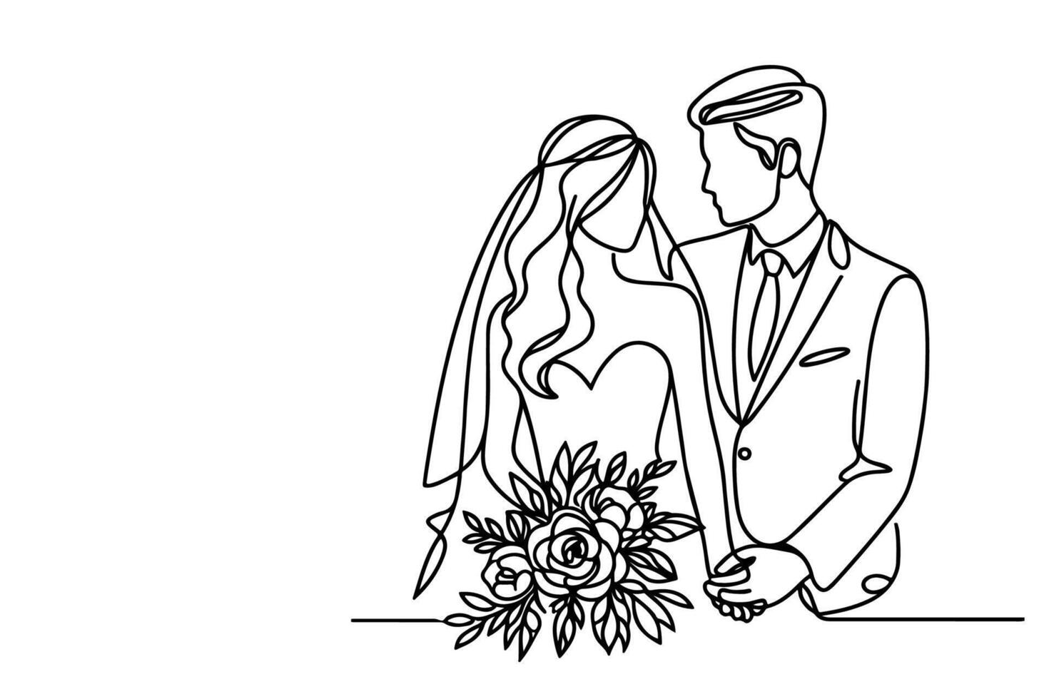 ai généré un continu Célibataire dessin noir ligne art griffonnage mariage couple la mariée et jeune marié outlne vecteur illustration sur blanc Contexte