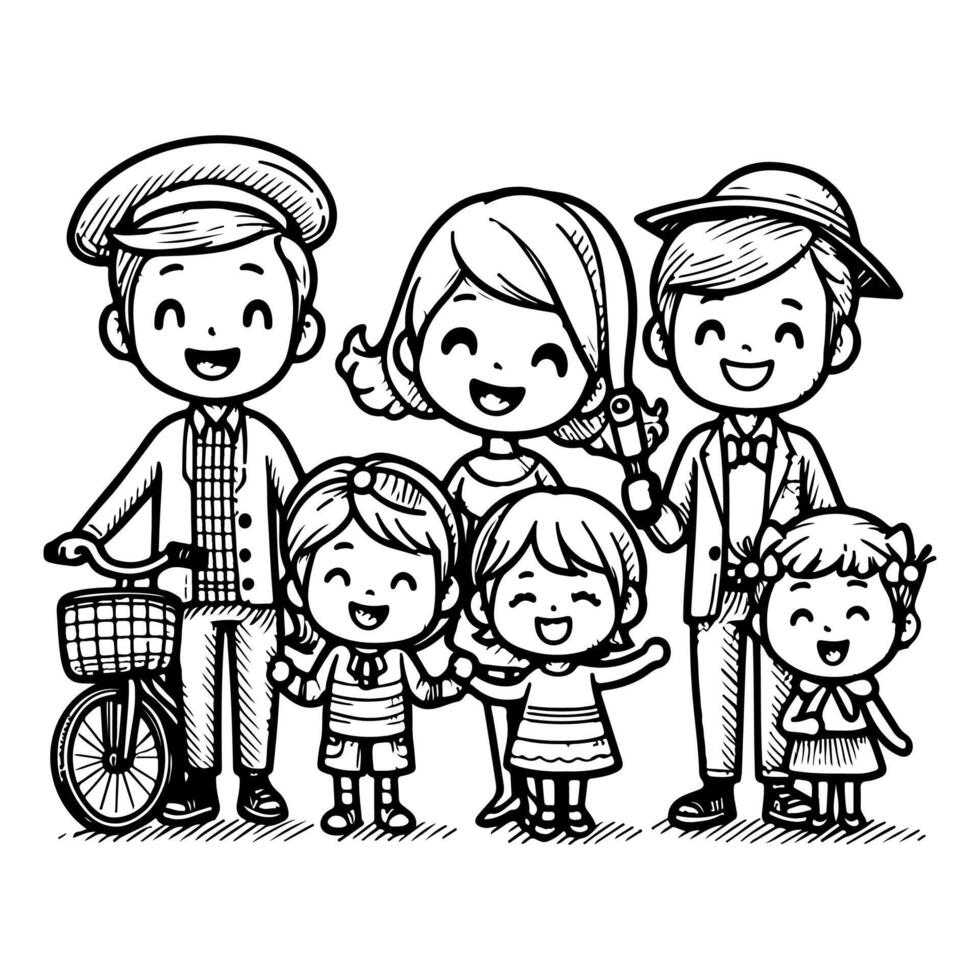 enfant dessin content famille dessin animé personnage contour griffonnage pour coloration livre page vecteur illustration sur blanc Contexte