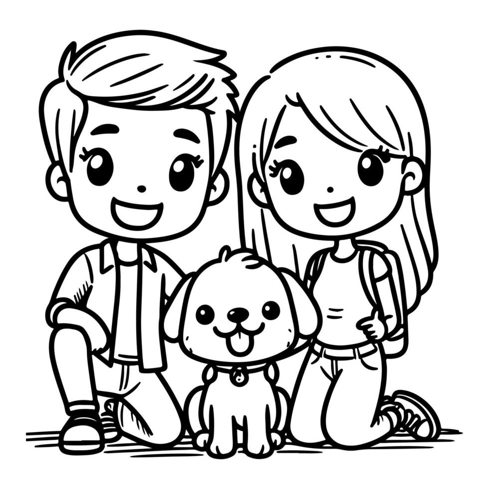 ai généré dessin content famille avec chien dessin animé personnage griffonnage vecteur illustration sur blanc Contexte