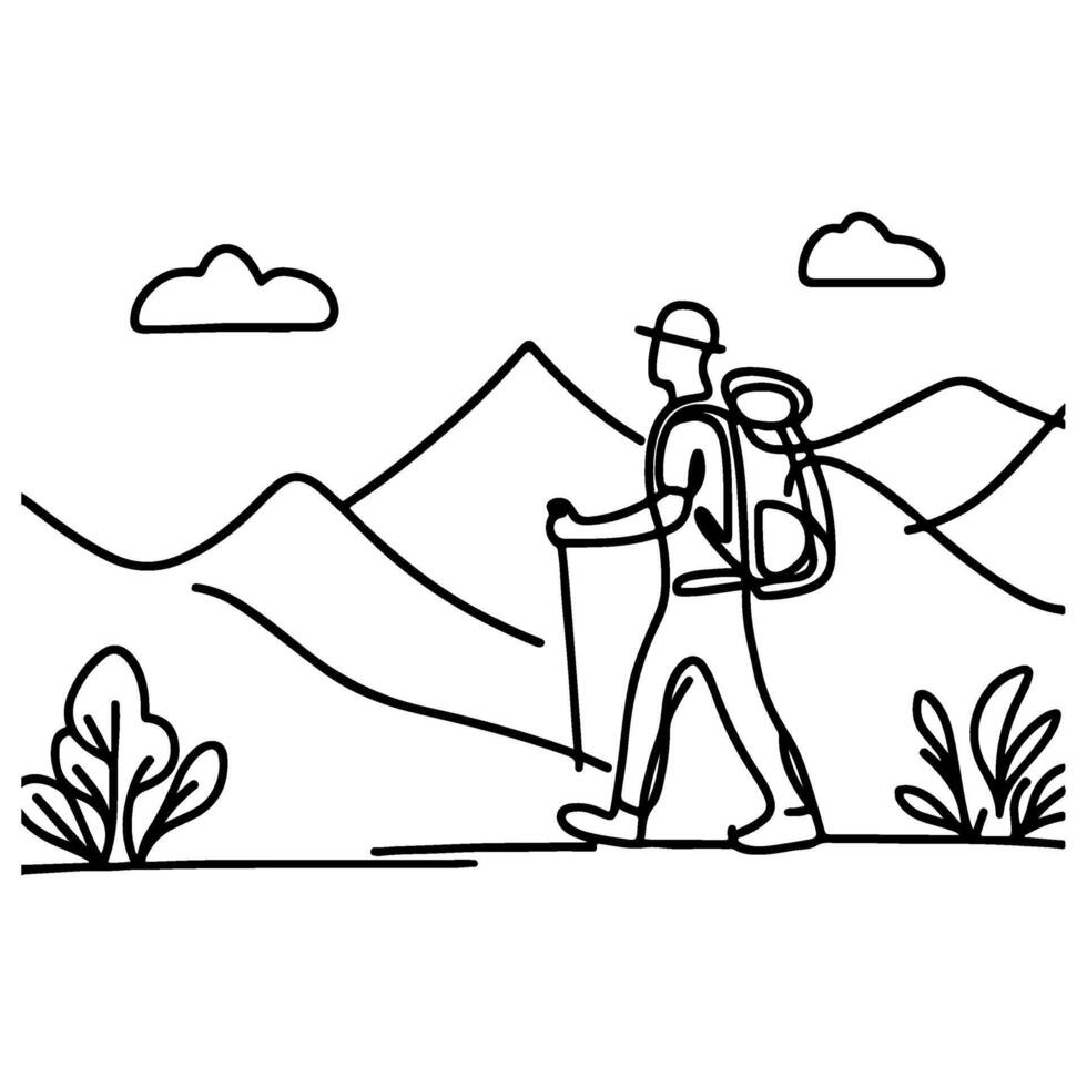 ai généré un continue noir ligne dessin randonnée homme avec retour page à Montagne paysage forêt contour griffonnage vecteur illustration sur blanc Contexte