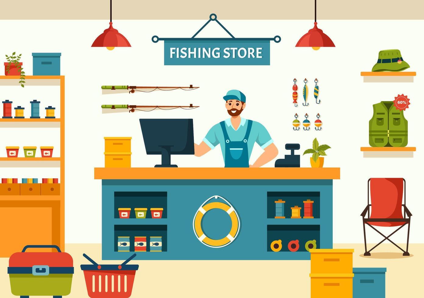 pêche boutique vecteur illustration avec vente divers pêcherie équipement, appât, poisson contagieux accessoires ou articles sur plat dessin animé Contexte