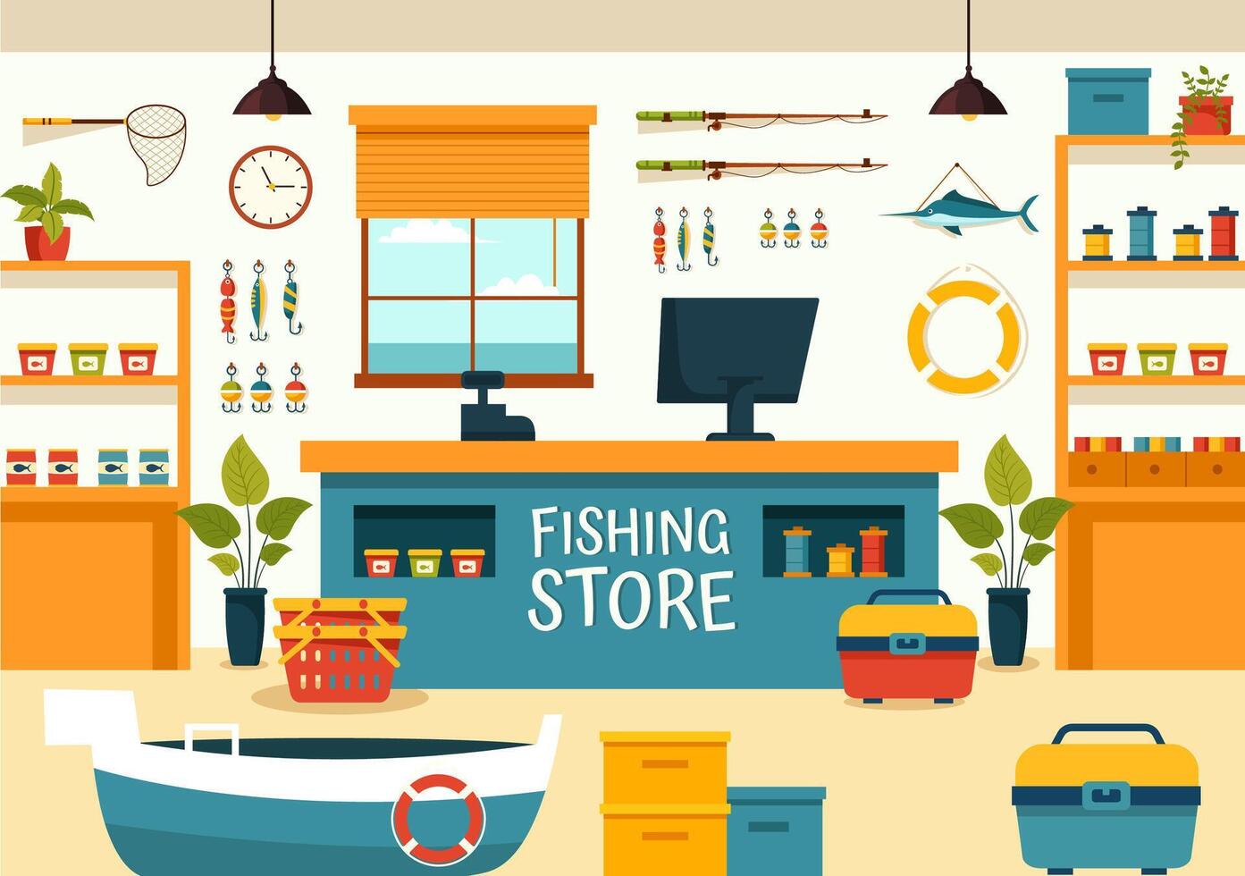 pêche boutique vecteur illustration avec vente divers pêcherie équipement, appât, poisson contagieux accessoires ou articles sur plat dessin animé Contexte